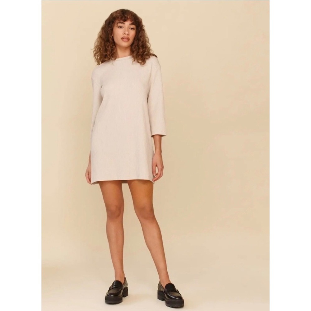 Reformation Mick Ribbed Knit 3/4 Sleeve Mini Dress Bone Cream Size XS